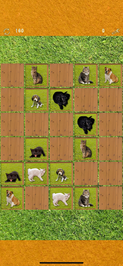 Pairs (Oh no! Another one!) - A memory matching game featuring a grid of dog and cat pictures on wooden tiles