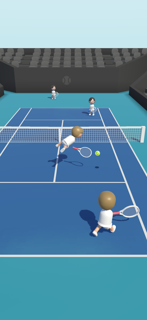 Twin Tennis - Une capture d'écran de gameplay de Twin Tennis montrant quatre joueurs sur un court de double bleu avec un joueur se lançant pour la balle.