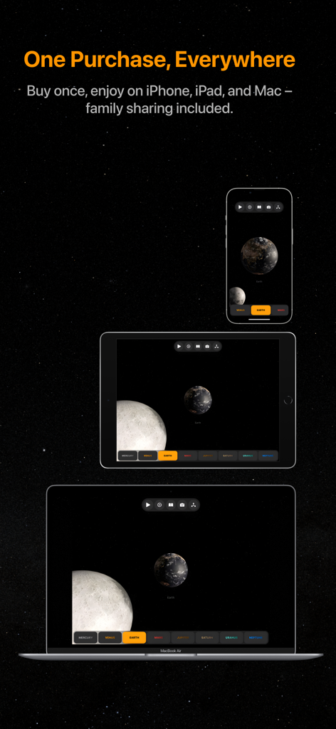 Interfaz de la aplicación Space Gate en iPhone, iPad y Mac demostrando compatibilidad multiplataforma y uso compartido familiar