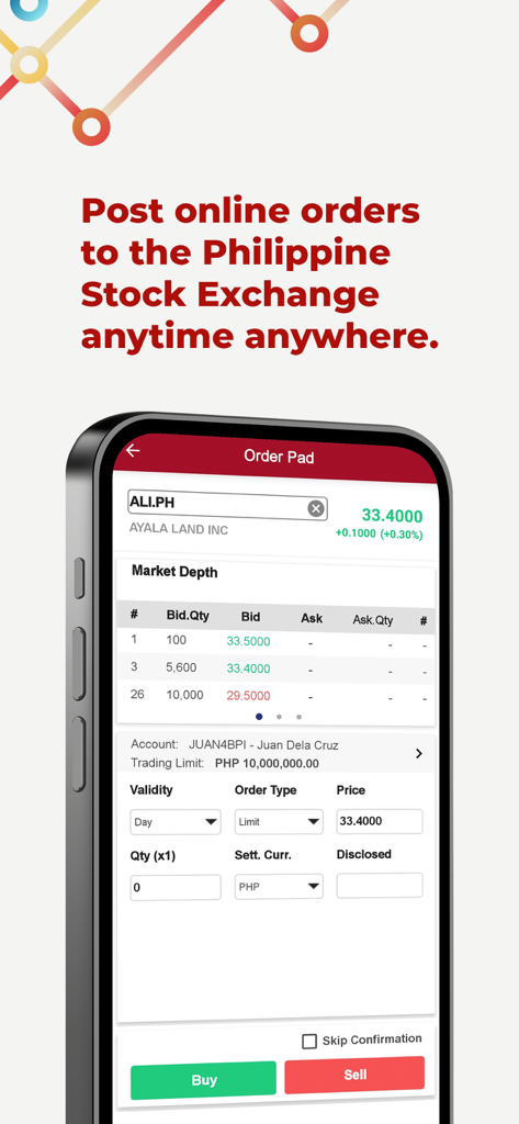 Mobile interface of BPI Trade showing an order pad to buy or sell stocks on the Philippine Stock Exchange.