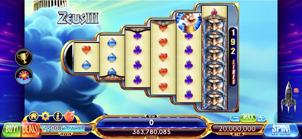 Capture d'écran du jeu de la machine à sous Zeus III du casino Hot Shot, présentant une disposition de rouleaux en forme de pyramide avec 192 lignes et un thème inspiré de la mythologie grecque.