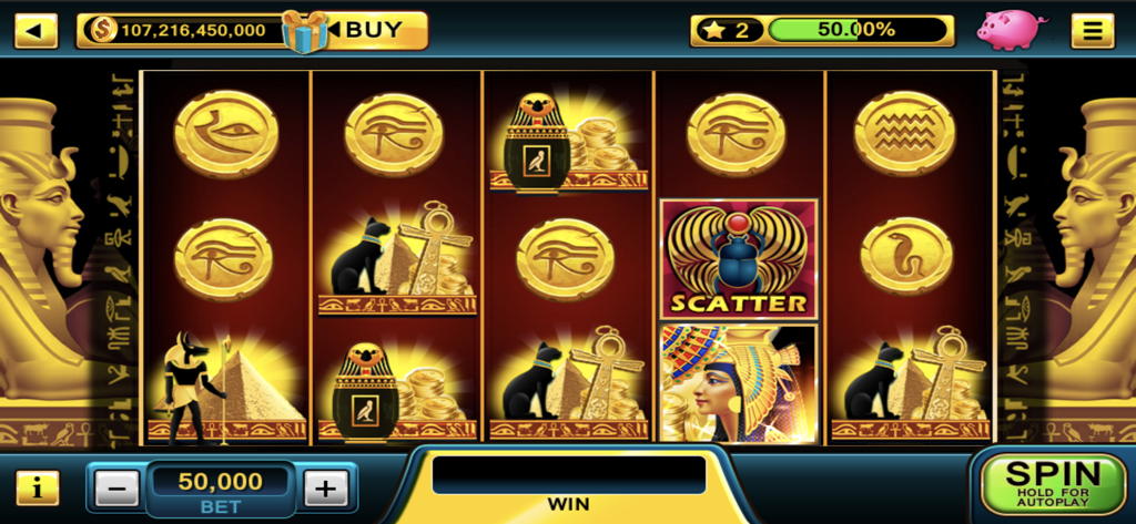 Casino World: Video Slots - Jugabilidad de máquina tragamonedas de temática egipcia en Casino World Video Slots mostrando a Cleopatra y símbolos de escarabajo.
