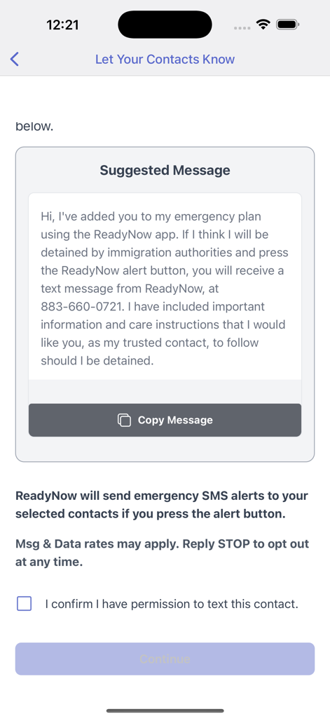 Schermata dell'app ReadyNow che mostra un messaggio suggerito per notificare i contatti di emergenza riguardo a un piano di sicurezza personale e di detenzione.