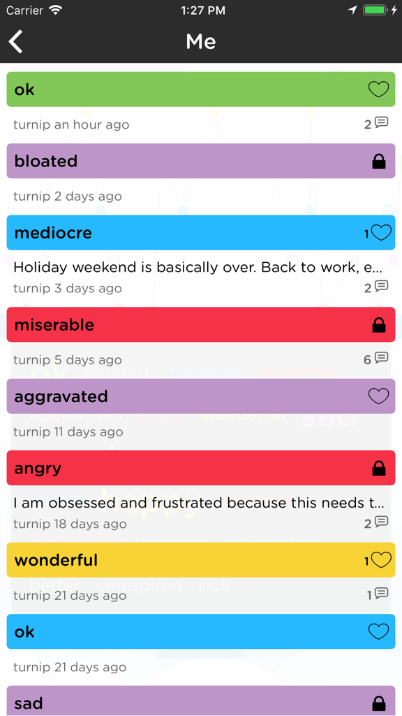 Moodtrack Private Diary - Moodtrackプライベートダイアリーアプリの、感情の状態とプライベートなメモを示す、色分けされた毎日の気分のエントリのリスト。
