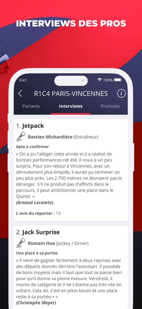 Interface de l'application Paris Turf montrant des interviews professionnelles avec des entraîneurs et des jockeys pour l'analyse des courses hippiques