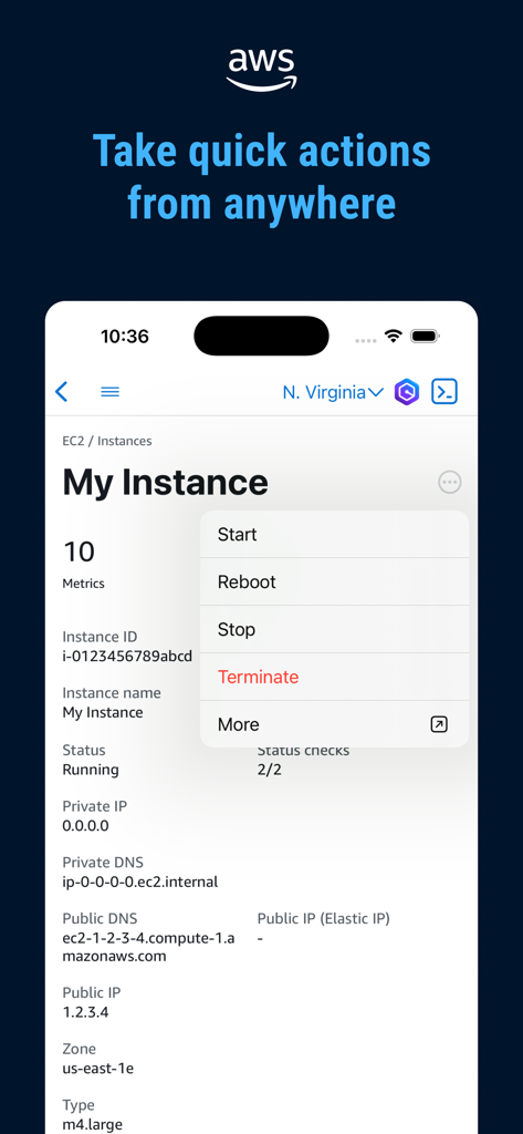AWS Console - AWS Console mobile app interface showing a quick action menu for managing an EC2 instance with options like reboot and stop