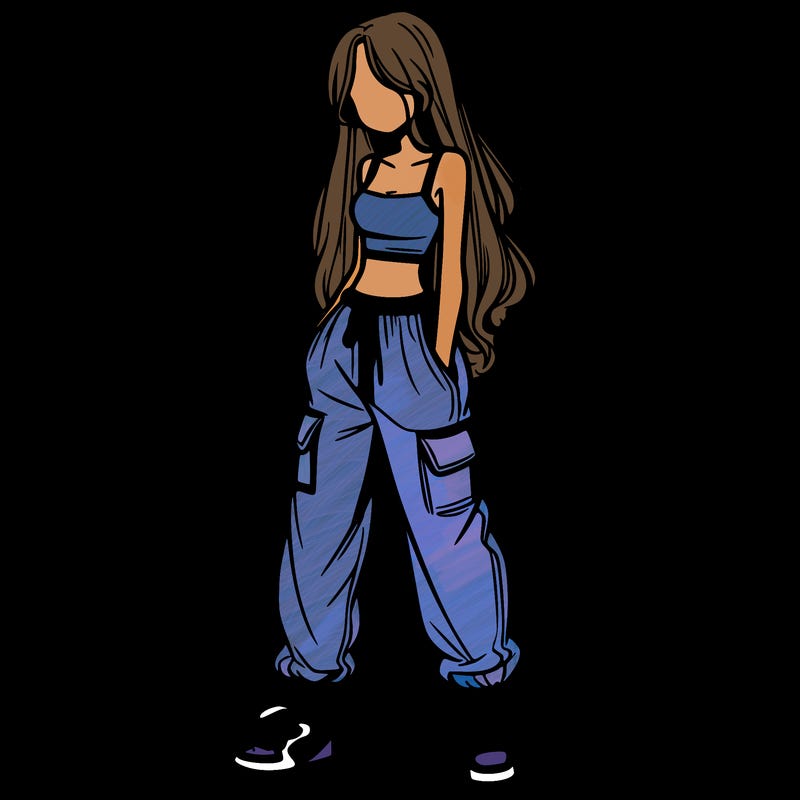 girl in baggy pants crop top and long hair