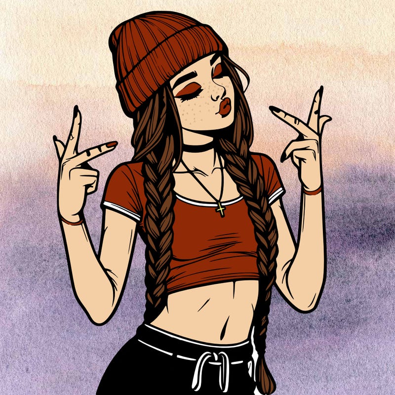 realistic teenage girl with braids and a beanie and crop top doing 🫶🏼