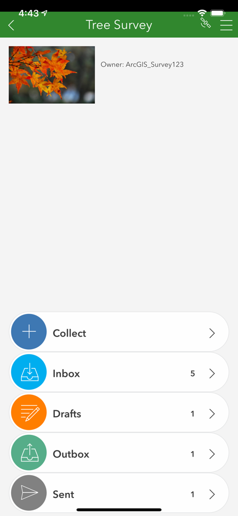 ArcGIS Survey123 - ArcGIS Survey123 App-Dashboard für eine Baumerfassung, das Menüoptionen zum Erfassen von Daten und Verwalten von Formularen anzeigt