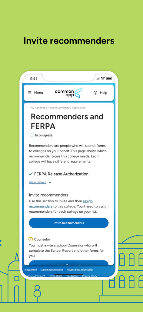 Common App - Interface of the Common App showing how to invite recommenders and manage FERPA authorization for college applications