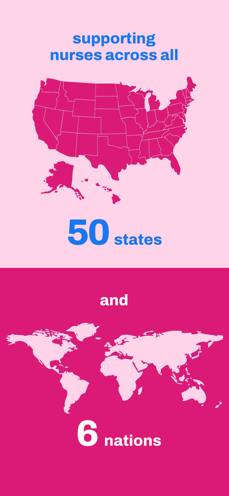 NurseMagic - Infographic showing NurseMagic supporting nurses across all fifty U.S. states and six nations with maps of the United States and the world.