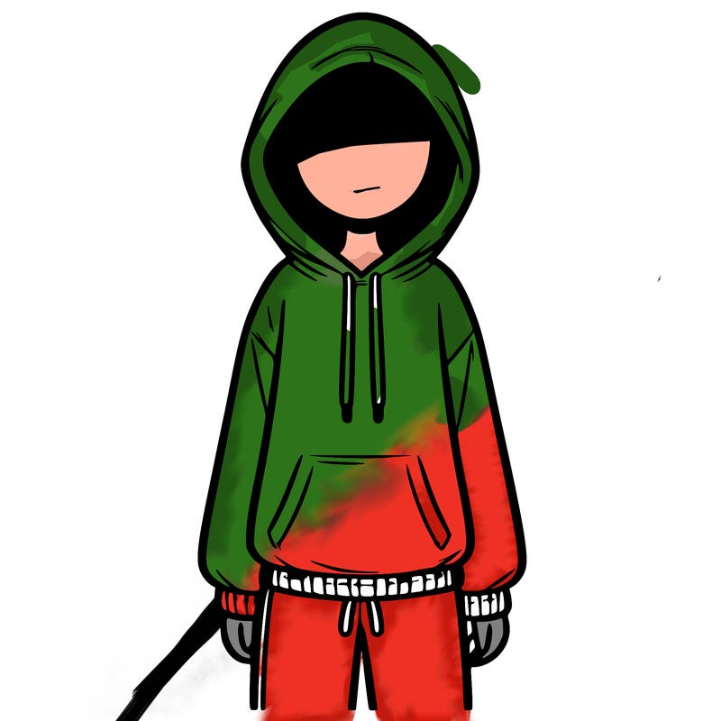 faceless girl in a tracksuit with a hood on and no hair