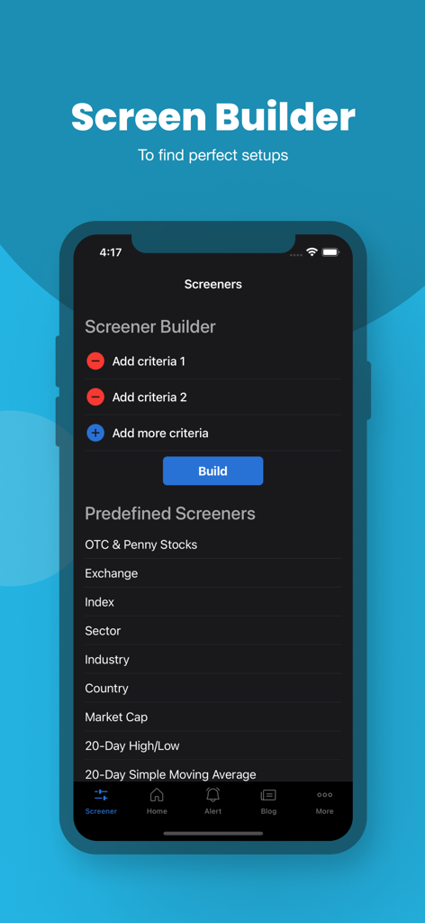 Interface do aplicativo móvel mostrando um construtor de scanner de ações personalizado com filtros predefinidos como capitalização de mercado e médias móveis