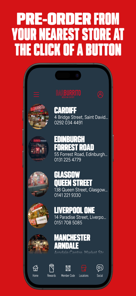 Barburrito Rewards - Barburrito mobile app screen showing restaurant locations for easy pre-ordering