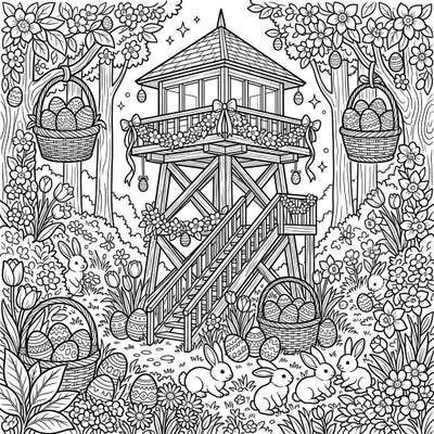 Embark on a unique Easter adventure with this delightful coloring page featuring a stately fire lookout tower adorned with festive spring decorations. Discover playful bunnies, hidden Easter eggs, and blooming flowers, all ready for your creative touch.