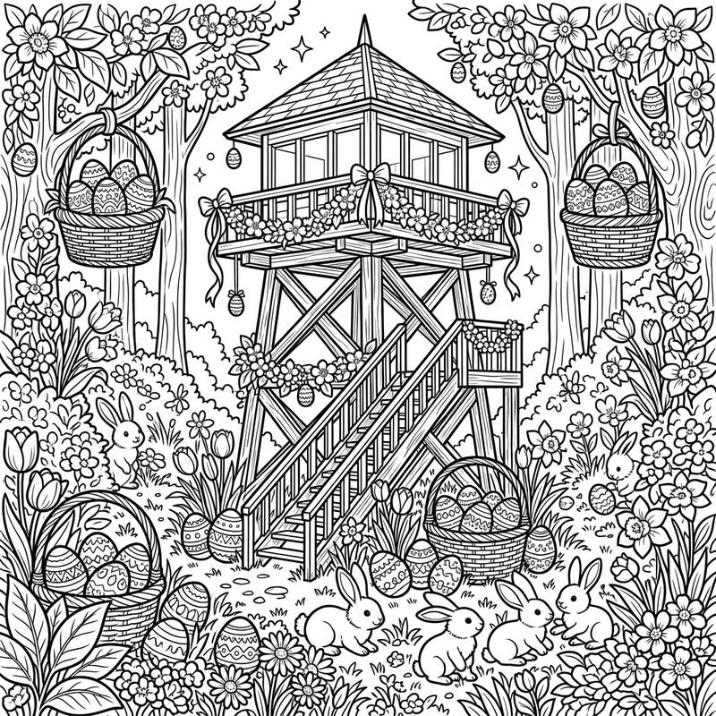 Embark on a unique Easter adventure with this delightful coloring page featuring a stately fire lookout tower adorned with festive spring decorations. Discover playful bunnies, hidden Easter eggs, and blooming flowers, all ready for your creative touch.