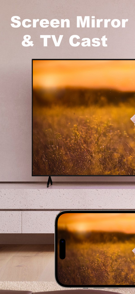 Miracast ®ﾠ - An iPhone screen mirroring a golden sunset landscape to a large smart TV