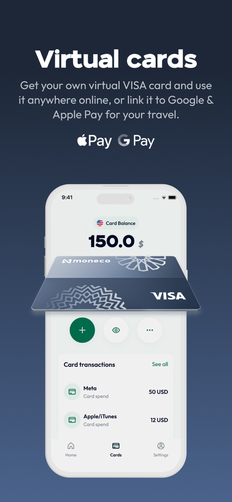 Moneco Mobile-App-Bildschirm mit virtueller VISA-Karte, Guthaben und aktuellen Transaktionen