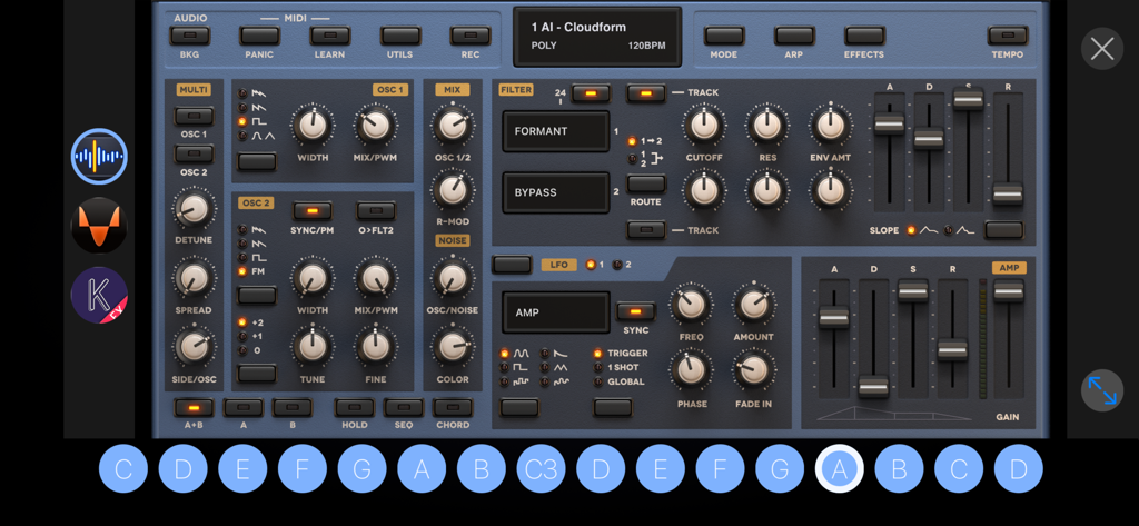 Otoo - Écran de l'application Otoo affichant un synthétiseur AUv3 professionnel avec un clavier tactile compact et divers potentiomètres de contrôle sonore
