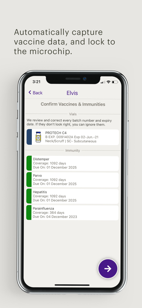 Screenshot of the Vedi mobile app displaying digital vaccination records and immunity status for a pet
