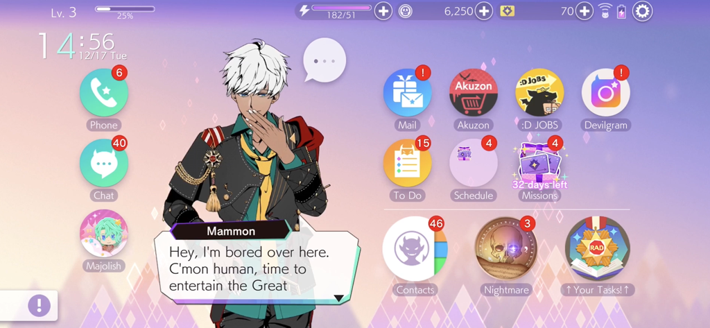 Main menu screen of Obey Me anime otome sim featuring the character Mammon and various game icons