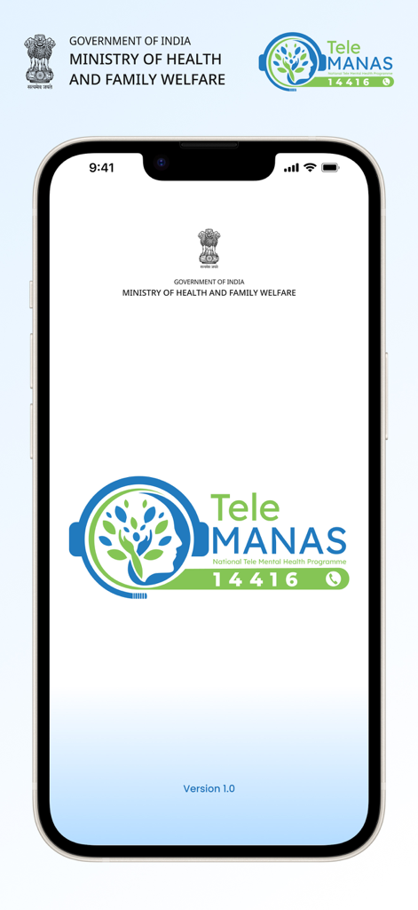 Tele MANAS - Splash screen of the Tele MANAS app featuring the National Tele Mental Health Programme logo and the Indian Government Ministry of Health branding