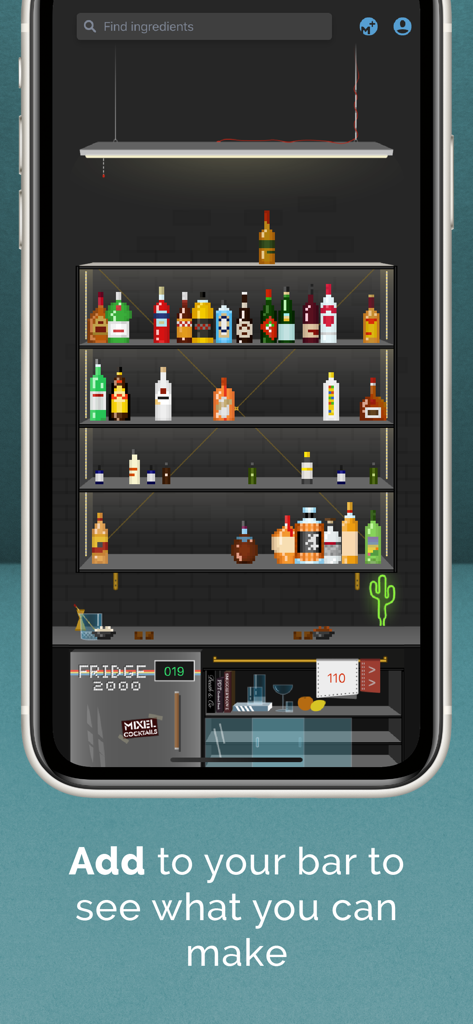 Mixel - Cocktail Recipes - Interfaz de la aplicación de cócteles Mixel que presenta un estante de bar virtual con botellas de licor de pixel art y una solicitud para añadir ingredientes para descubrir recetas.