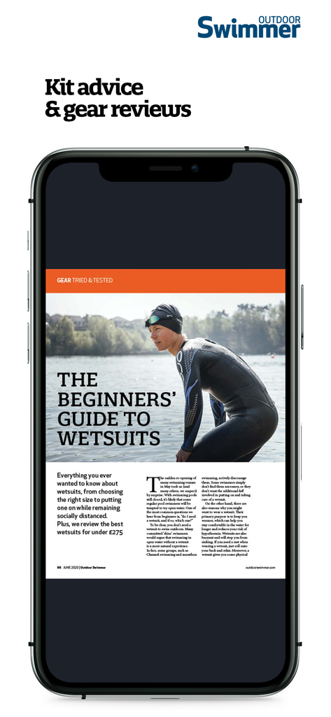 Outdoor Swimmer - Outdoor Swimmer app showing a beginners guide to wetsuits and gear reviews