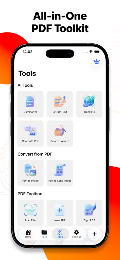 PDF AI: Reader & Scanner - Mobile interface of PDF AI showing AI tools like summarize, translate, and chat with PDF alongside document scanning and signing features.