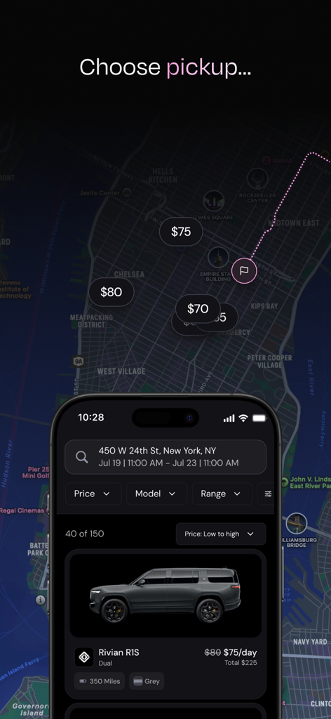 Eon App-Kartenoberfläche, die Abholorte für die Vermietung von Elektroautos in New York City mit einer Auflistung eines Rivian R1S zeigt.