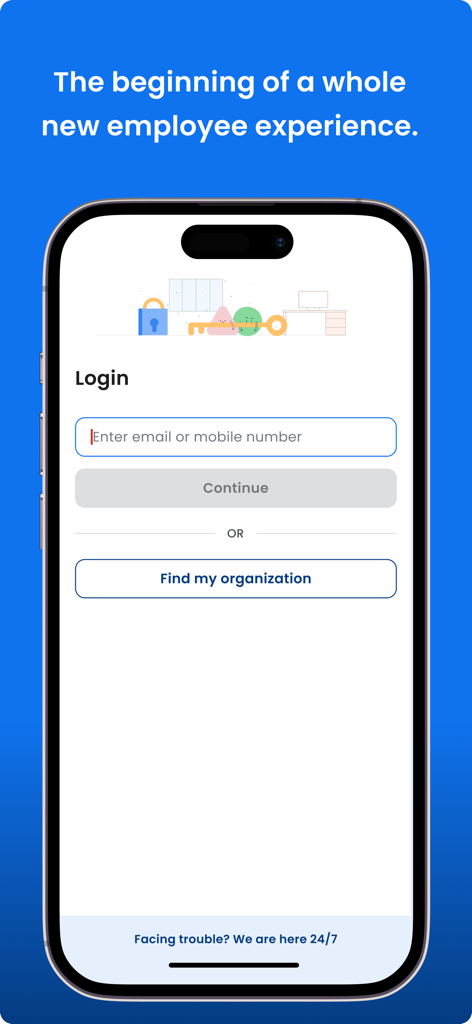 Leena AI mobile app login page with options to enter email or mobile number or find an organization