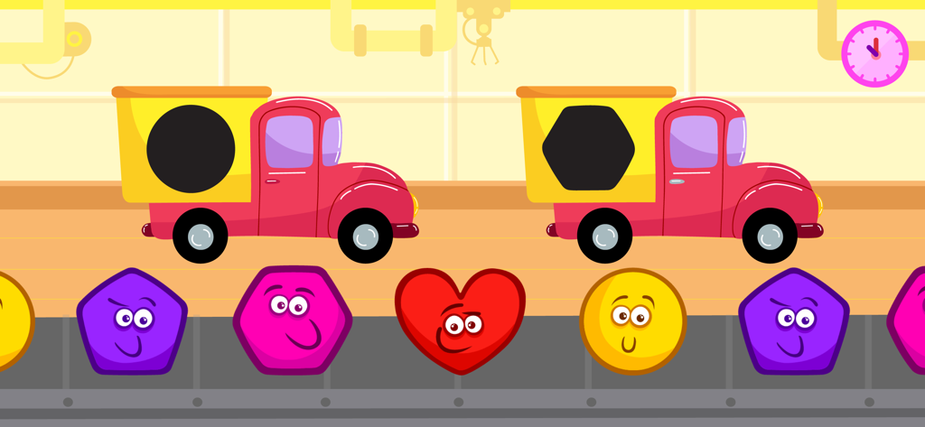 Kids Puzzle & Toddler Games 2+ - Una colorida pantalla de juego educativo para niños pequeños con formas animadas y camiones de juguete para clasificar.