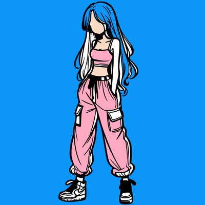 girl in baggy pants crop top and long hair