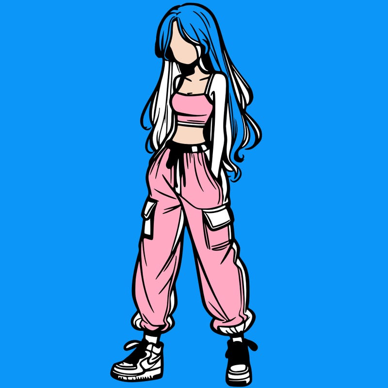 girl in baggy pants crop top and long hair
