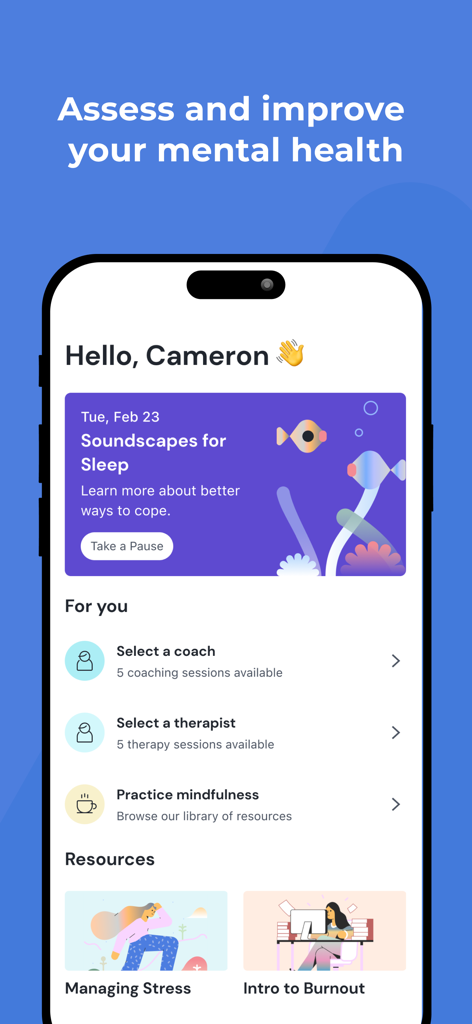 Modern Health - Modern Health app dashboard displaying personalized care options for coaching therapy and mindfulness