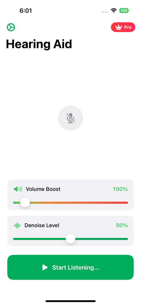 Hearing Aid Sound Amplifier - Main screen of the Hearing Aid app with volume boost and noise reduction controls.