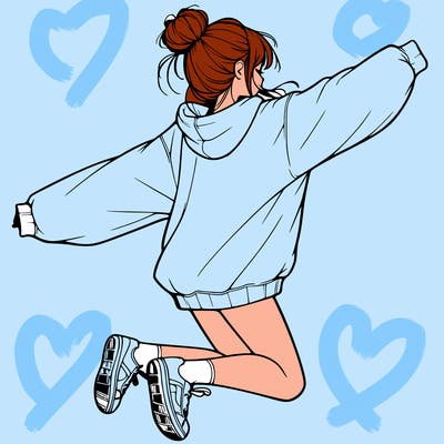 realistic girl jumping with a bun and oversized sweatshirt