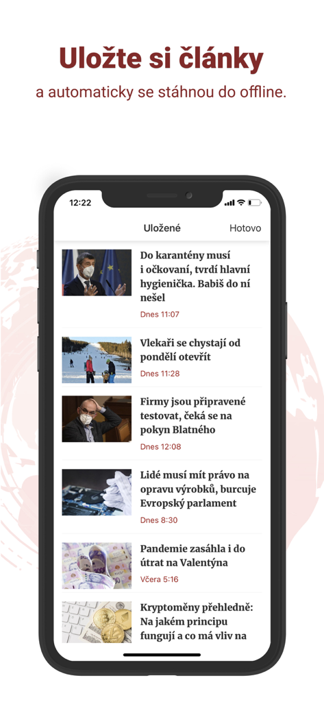 Uma lista de artigos de notícias salvos para leitura offline no aplicativo Novinky.cz