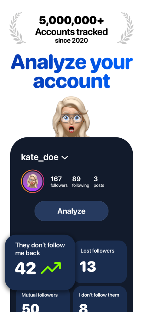 Reports+ Followers Unfollowers - Interfaz de la aplicación Reports+ mostrando estadísticas de seguidores perdidos y cuentas que no te siguen de vuelta