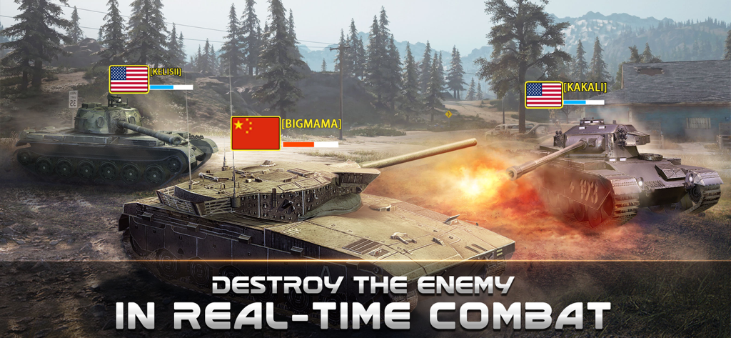 Furious Tank: War of Worlds - Three tanks engaged in real-time combat with national flags and player names