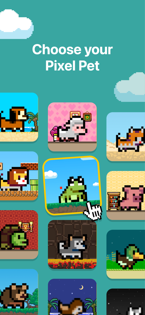 Pixel Pets - Cute, Widget, App - A menu showing a variety of pixel art pets to choose from including a frog cat and dog
