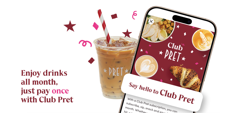 A smartphone displaying the Club Pret subscription interface next to an iced coffee
