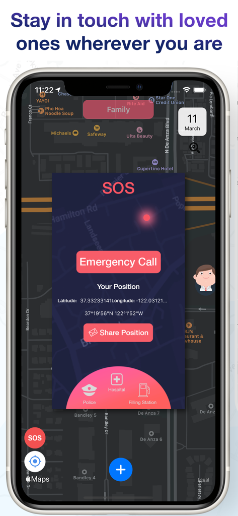 Find Family & Friends Locator - Aplicativo Localizador de Família e Amigos tela SOS mostrando botão de chamada de emergência e compartilhamento de posição GPS