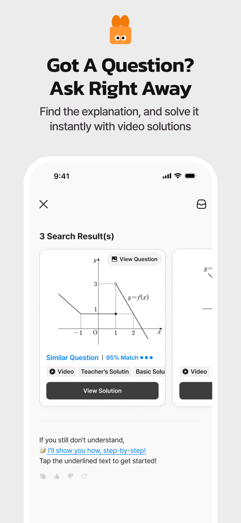 QANDA app displaying search results for a math function graph with video and teacher solutions.