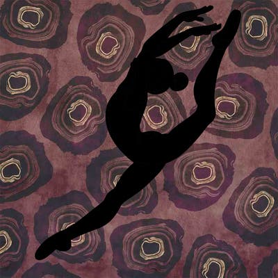 gymnast doing a leap in a leotard with a bent back leg