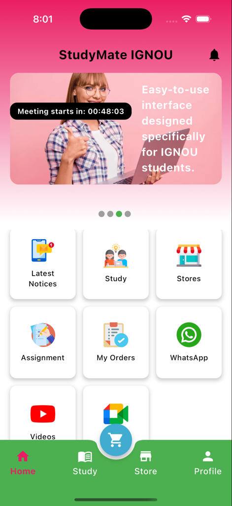 SMate Ignou - StudyMate IGNOUアプリのホーム画面。学習教材と学術ツールが表示されています。