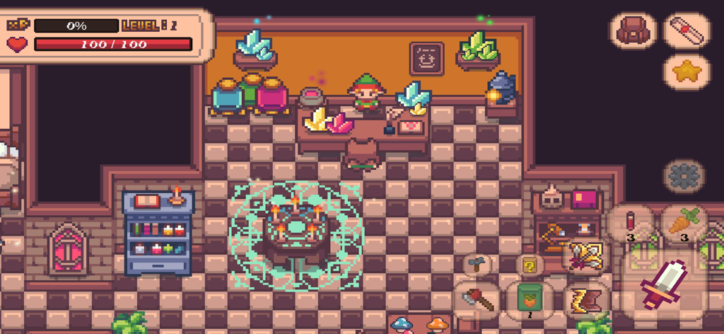 Megis Adventure - Retro-Pixel-Art-Gameplay, das einen Charakter in einem magischen Studierzimmer mit einem leuchtenden Ritualkreis zeigt.