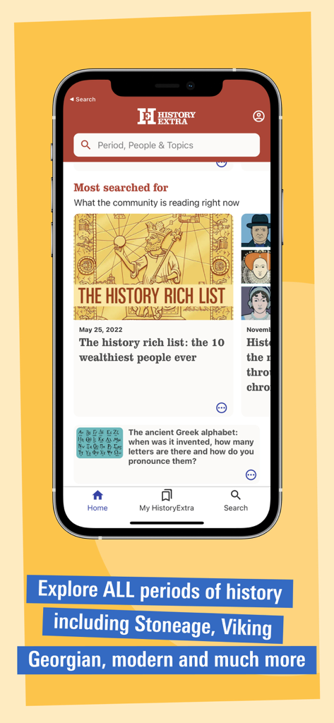 History Extra: Unlock the past - Pantalla de inicio de la aplicación History Extra mostrando artículos históricos y barra de búsqueda