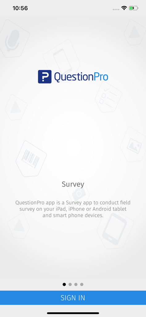 QuestionPro - Offline Surveys - Écran d'accueil QuestionPro pour mener des enquêtes sur le terrain sur des appareils mobiles.
