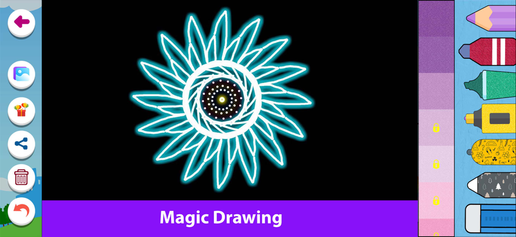 Kids Drawing, Doodle Painting - Magische Zeichenoberfläche mit einer leuchtenden Neonblume auf schwarzem Hintergrund und kreativen Malwerkzeugen